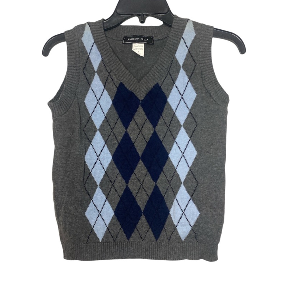 Andrew Fezza Gray and Blue Fitted V-Neck Sweater - Size 8